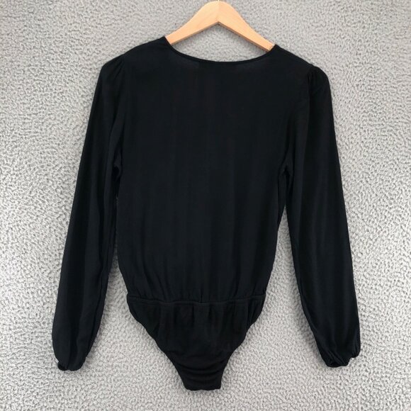 Lovers + Friends Top Womens Small Black Bodysuit Long Balloon Sleeves Snap Front - Picture 3 of 10